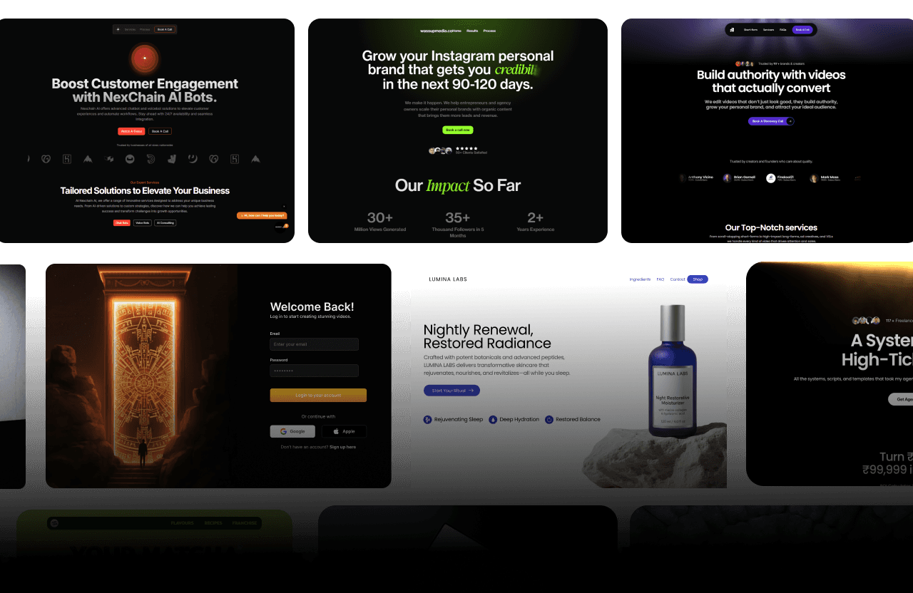 Repsine portfolio showcasing AI bots, Instagram growth, video production, login pages, skincare products, and sales systems